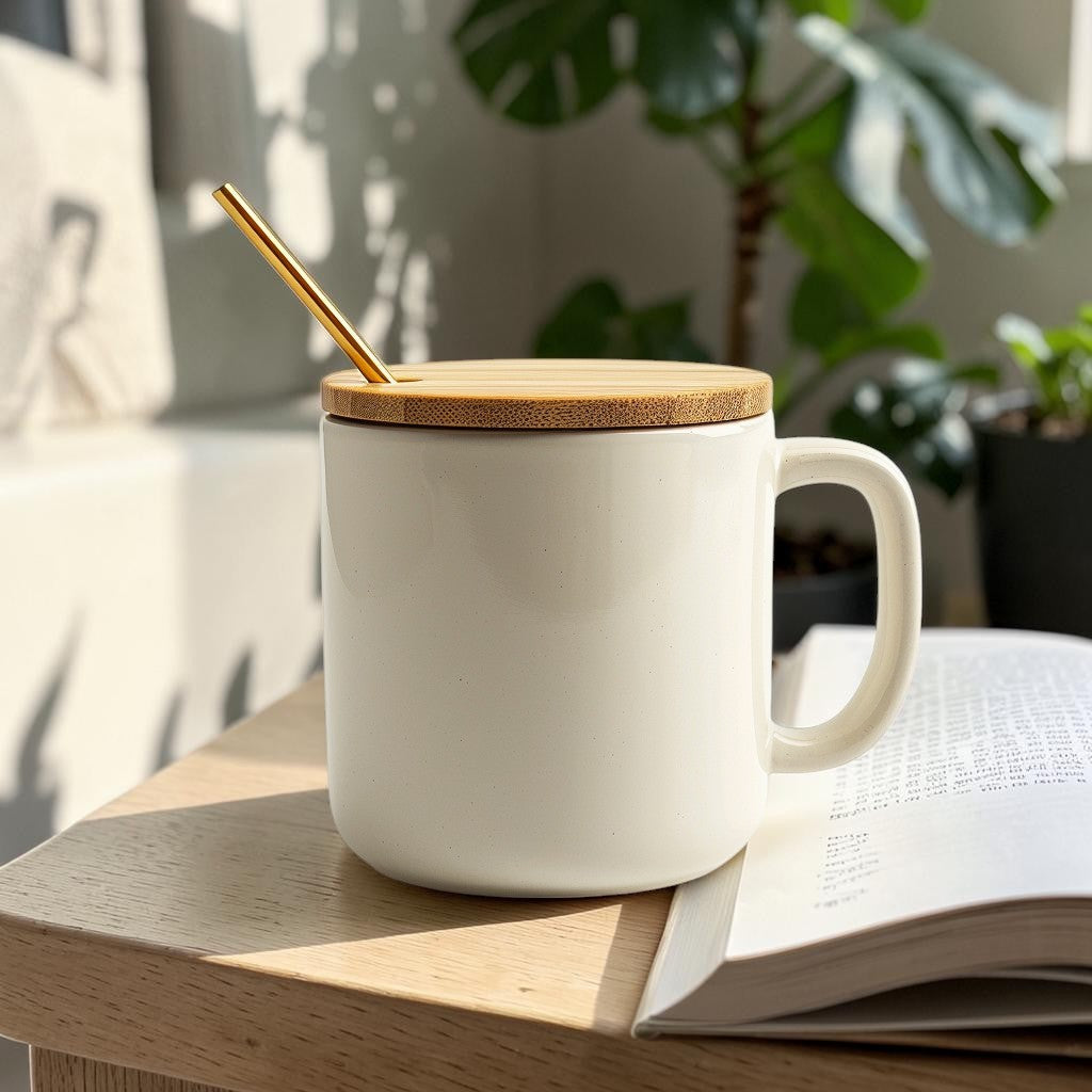 Everd. Nordic Ceramic Coffee Mug with Premium Bamboo Lid and Spoon - 400ml Matte Porcelain Tea Cup