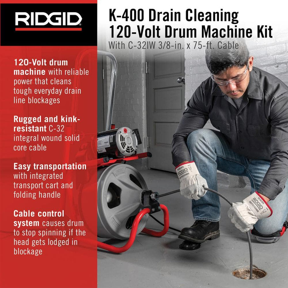K-400 Drain Cleaning Snake Auger 120-Volt Drum Machine with C-32IW 3/8 in. x 75 ft. Cable + 4-Piece Tool Set & Gloves 52363