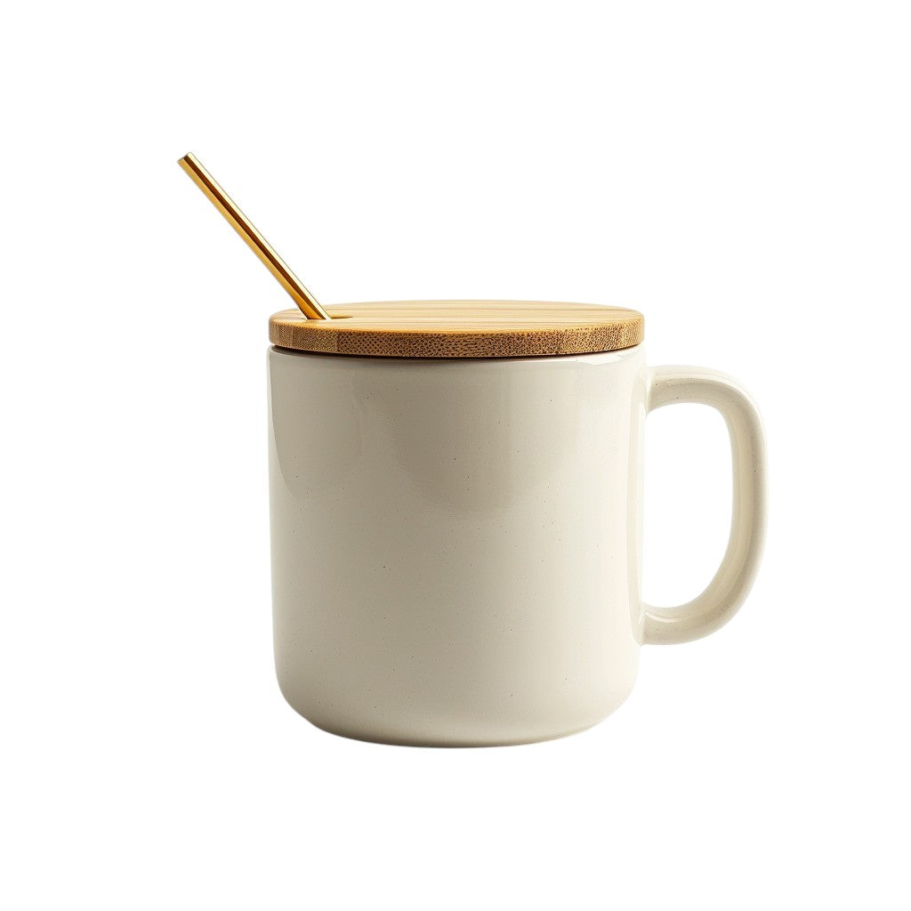 Everd. Nordic Ceramic Coffee Mug with Premium Bamboo Lid and Spoon - 400ml Matte Porcelain Tea Cup