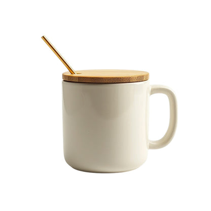 Everd. Nordic Ceramic Coffee Mug with Premium Bamboo Lid and Spoon - 400ml Matte Porcelain Tea Cup