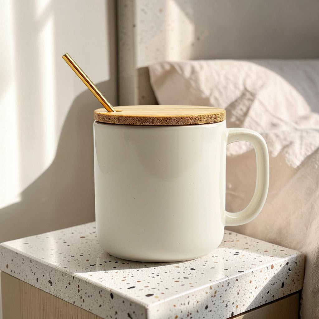 Everd. Nordic Ceramic Coffee Mug with Premium Bamboo Lid and Spoon - 400ml Matte Porcelain Tea Cup
