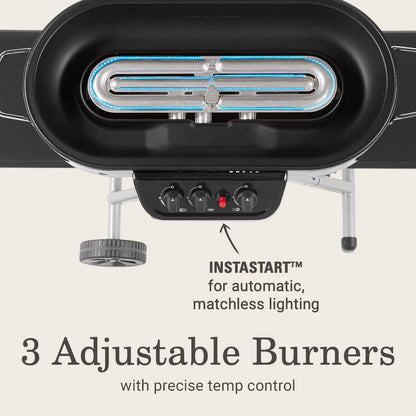 RoadTrip Portable Stand-Up Propane Grill with 3 Adjustable Burners & Instastart Ignition, 20,000 BTUs of Power for Outdoor Cooking