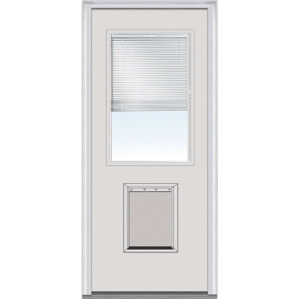 National Door Company Steel Exterior Door, Primed, 1/2 Lite with Clear Glass Internal Blinds & Pet Door, Right Hand Inswing, 32x80