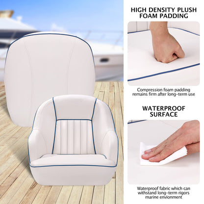 Pontoon Boat Seat, Captains Bucket Boat Seat, Back Folding Boat, Boat Cabin Seating – White & Blue