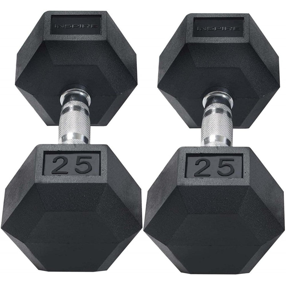 Inspire Fitness 210 lb. (5-30 lb.) Rubber Dumbbell Set with 6 pair Vertical Rack