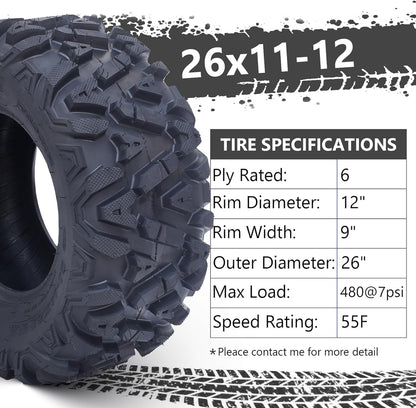 26x12x12 Atv Tires, Set of 2 Atv Tires 26x12-12 6PR, All Terrain Atv/Utv Off-Road Tires, Black