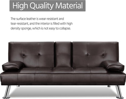 Yaheetech Convertible Sofa Bed Adjustable Couch Sleeper Modern Faux Leather Home Recliner Reversible Loveseat Folding Daybed Guest Bed, Removable Armrests, Cup Holders, 3 Angles, 772lb Capacity, Black