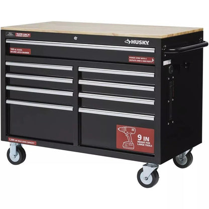 Gloss Black 46 9-Drawer Mobile Tool Chest Workbench with Power Strip & Solid Wood Top